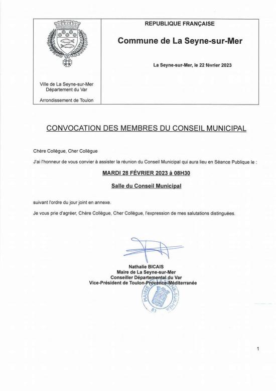 L'Ordre du Jour du Conseil municipal Seynois du Mardi 28/02/2023