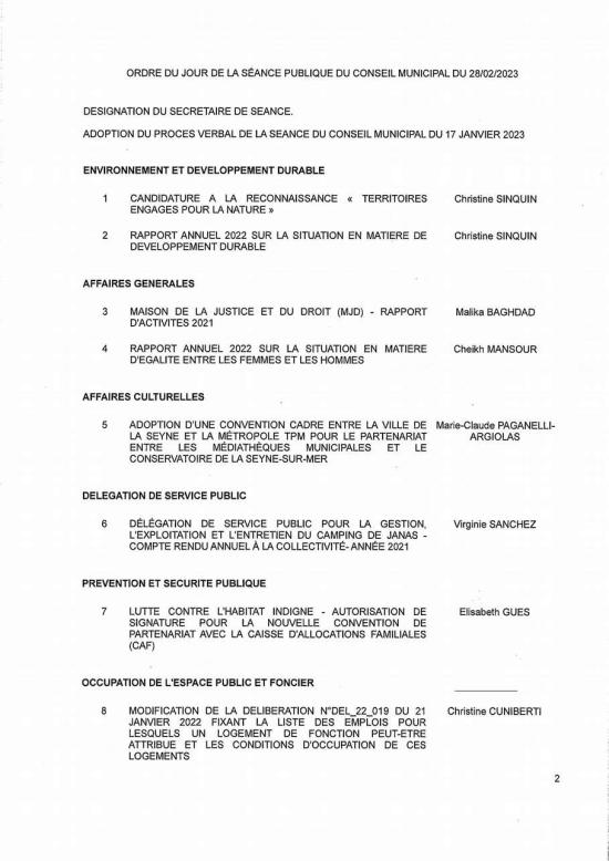 L'Ordre du Jour du Conseil municipal Seynois du Mardi 28/02/2023