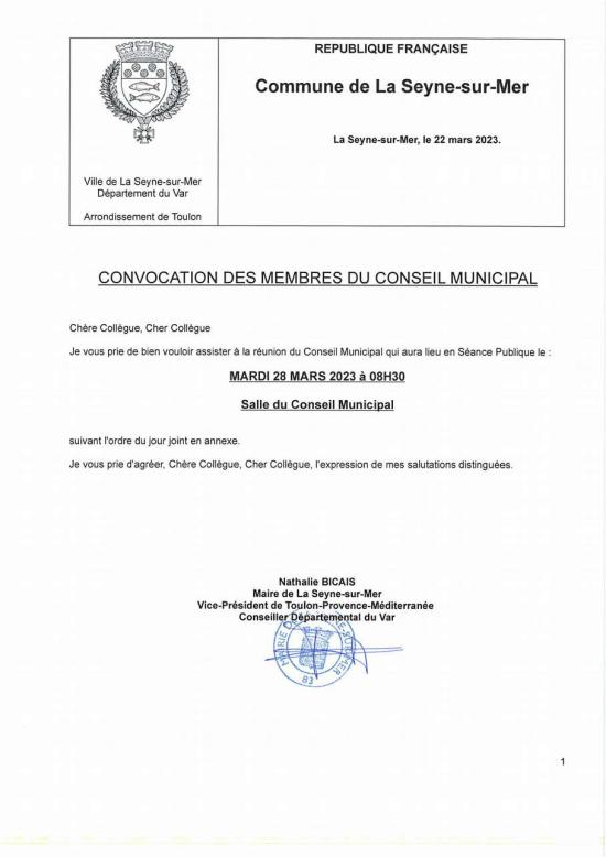 L'Ordre du Jour du Conseil municipal Seynois du Mardi 28/03/2023