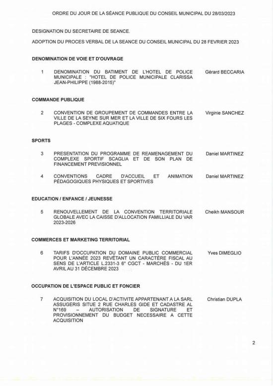 L'Ordre du Jour du Conseil municipal Seynois du Mardi 28/03/2023