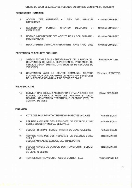 L'Ordre du Jour du Conseil municipal Seynois du Mardi 28/03/2023