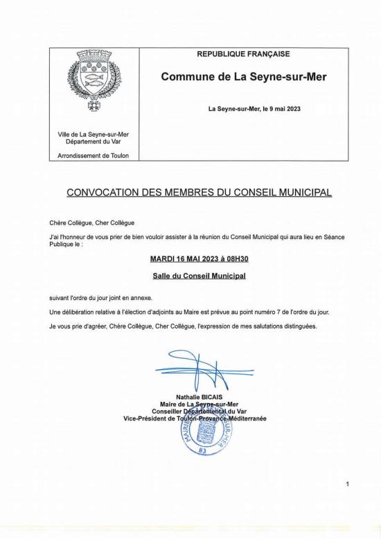 L'Ordre du Jour du Conseil municipal Seynois du Mardi 16/05/2023