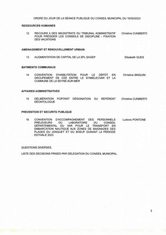 L'Ordre du Jour du Conseil municipal Seynois du Mardi 16/05/2023