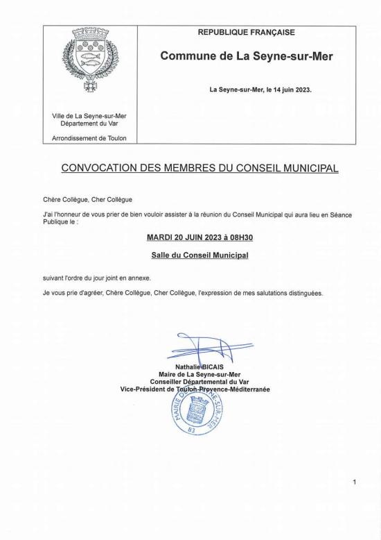 L'Ordre du Jour du Conseil municipal Seynois du Mardi 20/06/2023