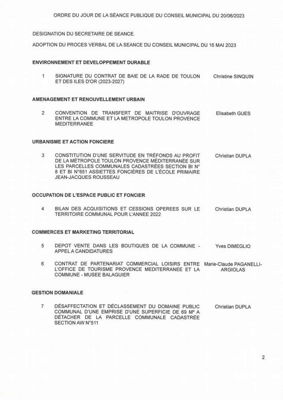 L'Ordre du Jour du Conseil municipal Seynois du Mardi 20/06/2023