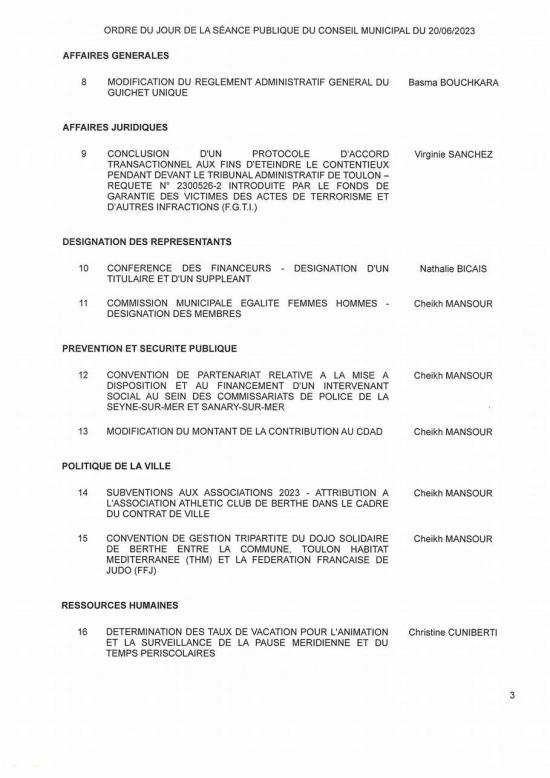 L'Ordre du Jour du Conseil municipal Seynois du Mardi 20/06/2023