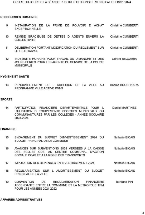 La Seyne sur Mer - conseil municipal du jeudi 18 janvier 2024