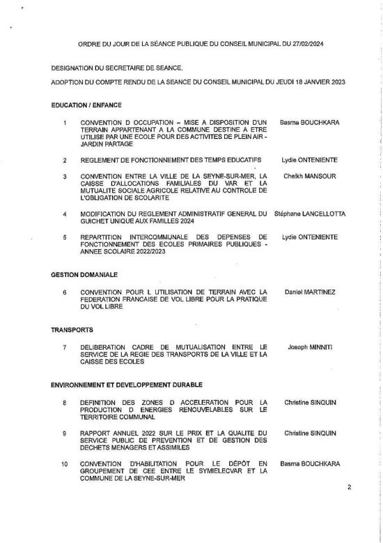 L'Ordre du Jour du Conseil municipal Seynois du Mardi 27/02/2024