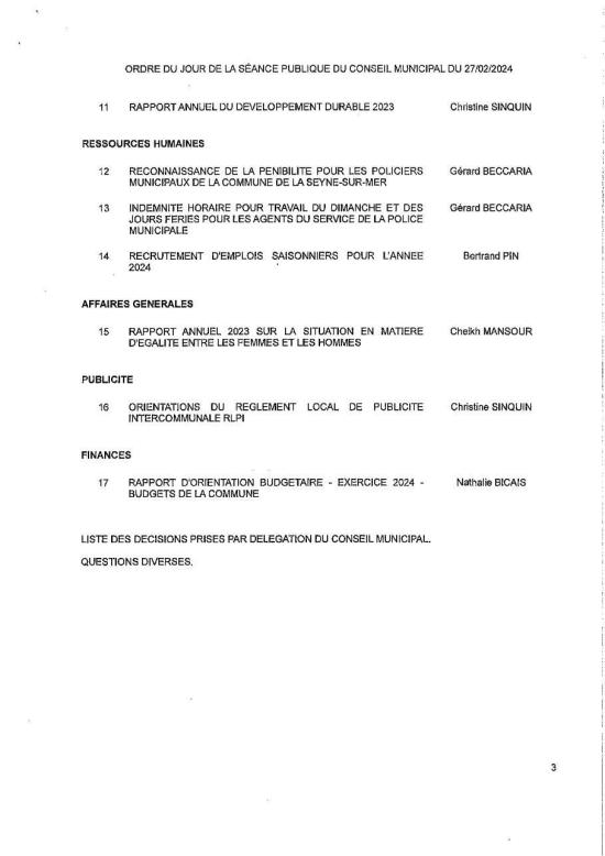 L'Ordre du Jour du Conseil municipal Seynois du Mardi 27/02/2024