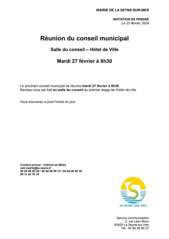 L'Ordre du Jour du Conseil municipal Seynois du Mardi 27/02/2024