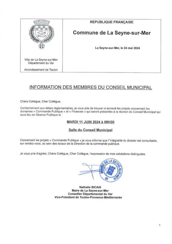 L'Ordre du Jour du Conseil municipal Seynois du Mardi 11/06/2024