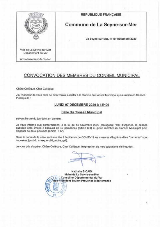 L'Ordre du Jour du Conseil municipal de La Seyne du 07/12/2020