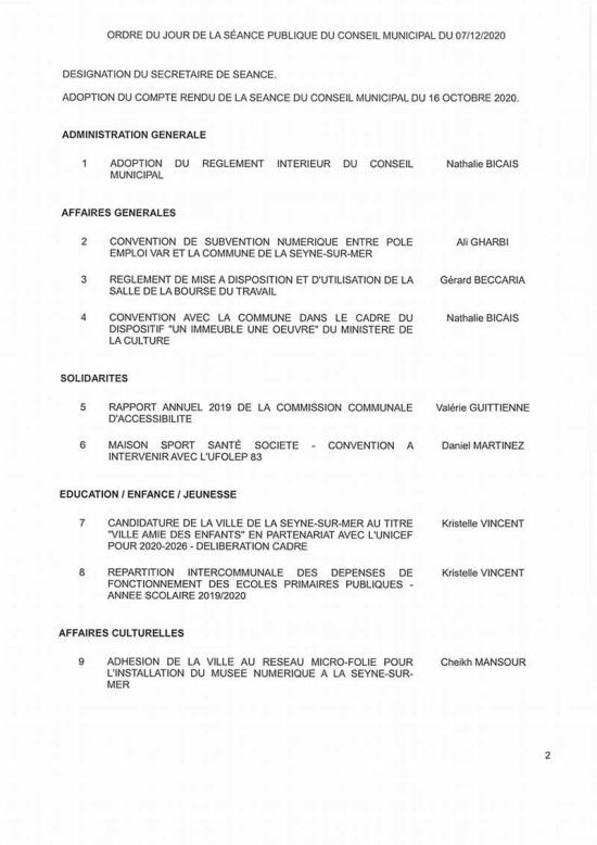 L'Ordre du Jour du Conseil municipal de La Seyne du 07/12/2020