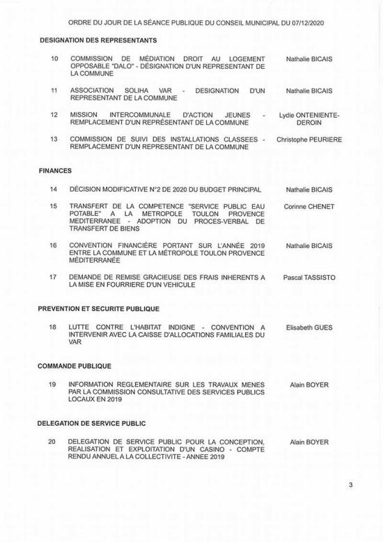 L'Ordre du Jour du Conseil municipal de La Seyne du 07/12/2020