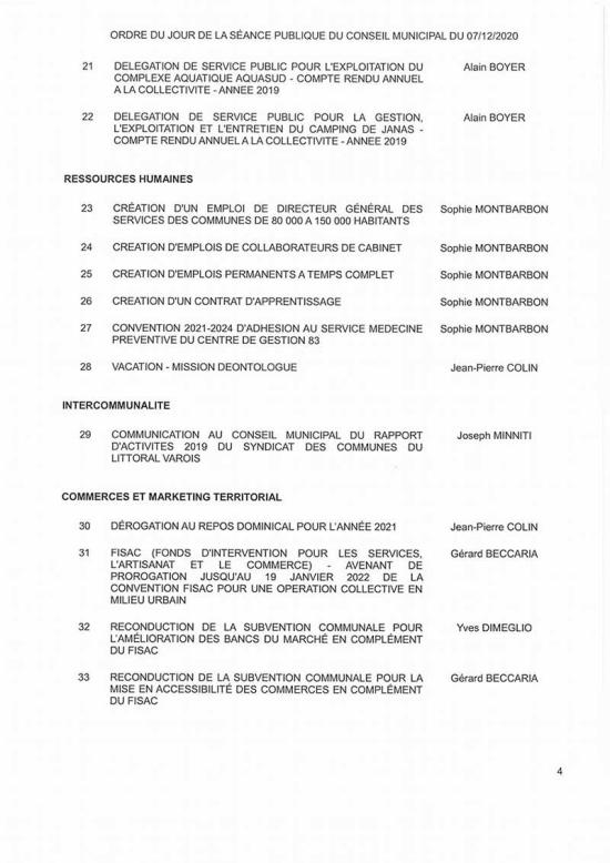 L'Ordre du Jour du Conseil municipal de La Seyne du 07/12/2020