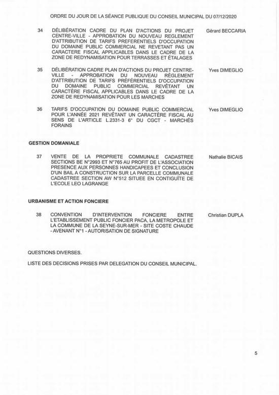 L'Ordre du Jour du Conseil municipal de La Seyne du 07/12/2020