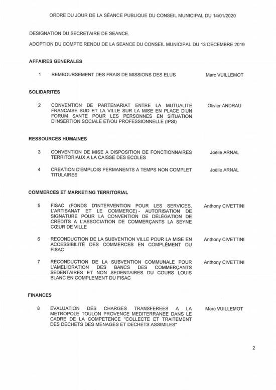 L'Ordre du Jour du Conseil municipal de La Seyne sur Mer du 13/12/2019
