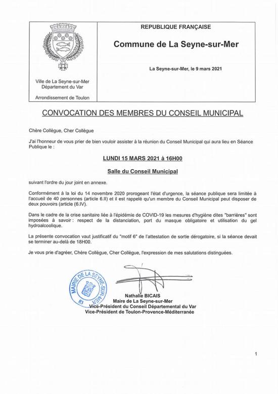 L'Ordre du Jour du Conseil municipal de La Seyne du 15/03/2021