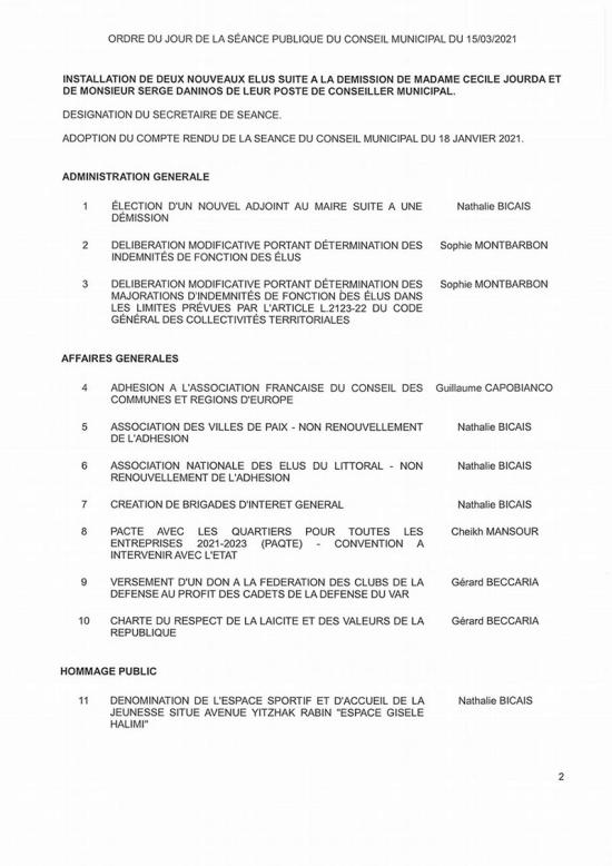 L'Ordre du Jour du Conseil municipal de La Seyne du 15/03/2021