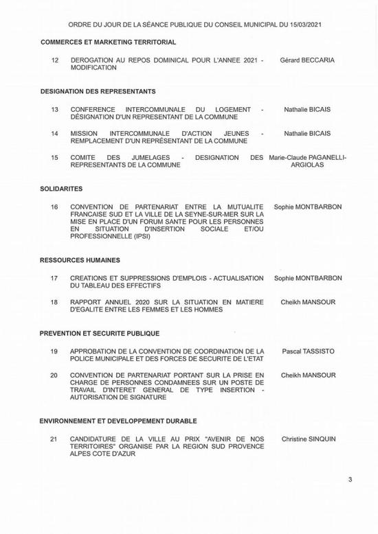L'Ordre du Jour du Conseil municipal de La Seyne du 15/03/2021