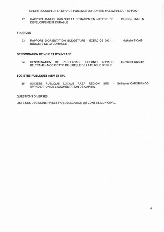 L'Ordre du Jour du Conseil municipal de La Seyne du 15/03/2021