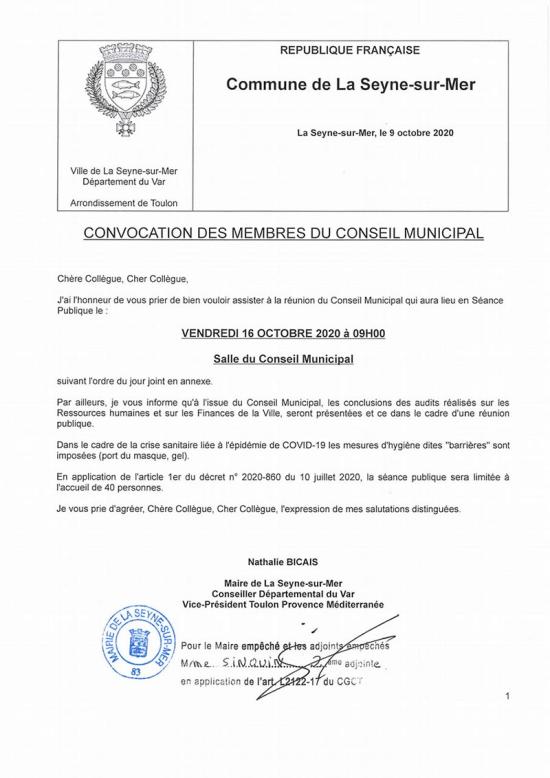 L'Ordre du Jour du Conseil municipal de La Seyne du 16/10/2020