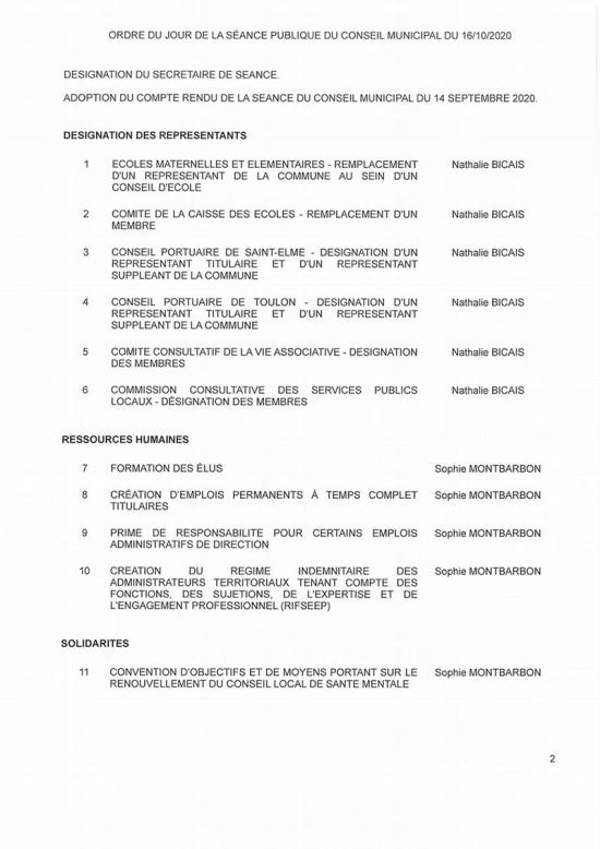 L'Ordre du Jour du Conseil municipal de La Seyne du 16/10/2020