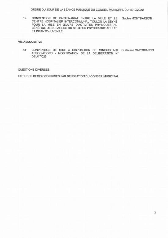 L'Ordre du Jour du Conseil municipal de La Seyne du 16/10/2020