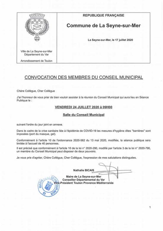 L'Ordre du Jour du Conseil municipal de La Seyne du 24/07/2020