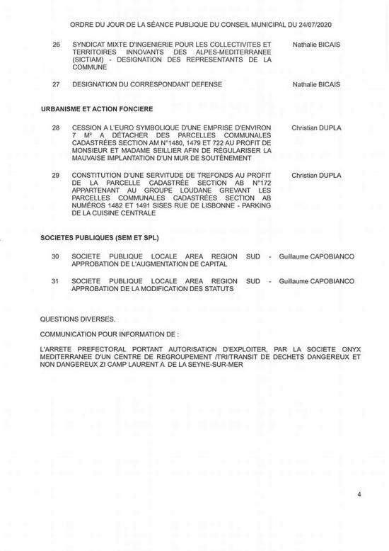 L'Ordre du Jour du Conseil municipal de La Seyne du 24/07/2020