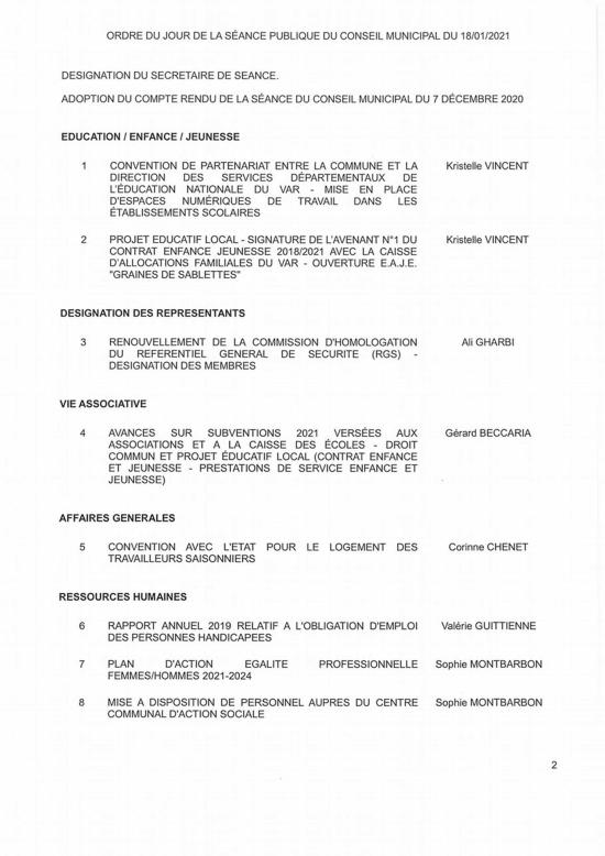 L'Ordre du Jour du Conseil municipal de La Seyne du 18/01/2021