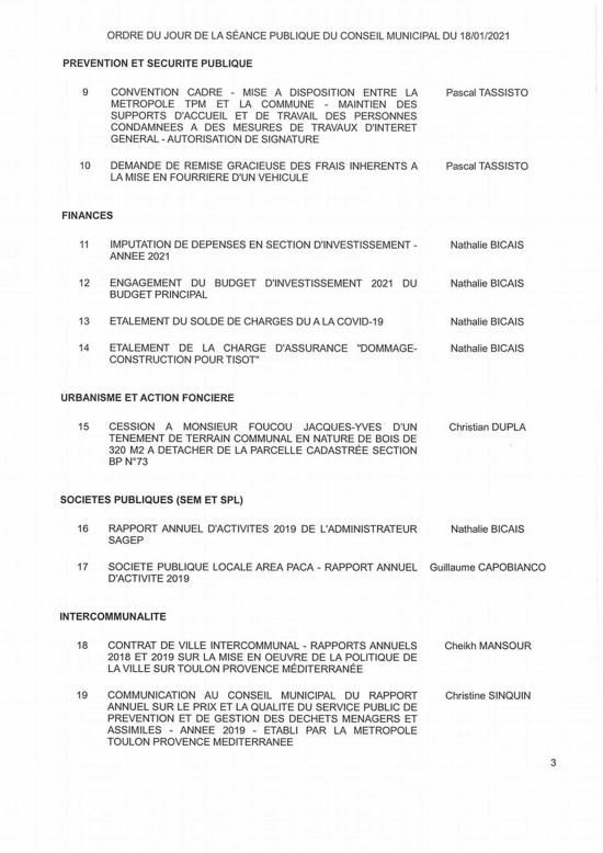 L'Ordre du Jour du Conseil municipal de La Seyne du 18/01/2021