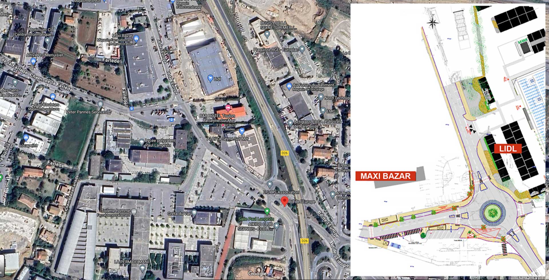 La Seyne sur Mer: Travaux: Construction d'un Rond-Point à l'Intersection du Bd de l'Europe et du Chem de la Farlède